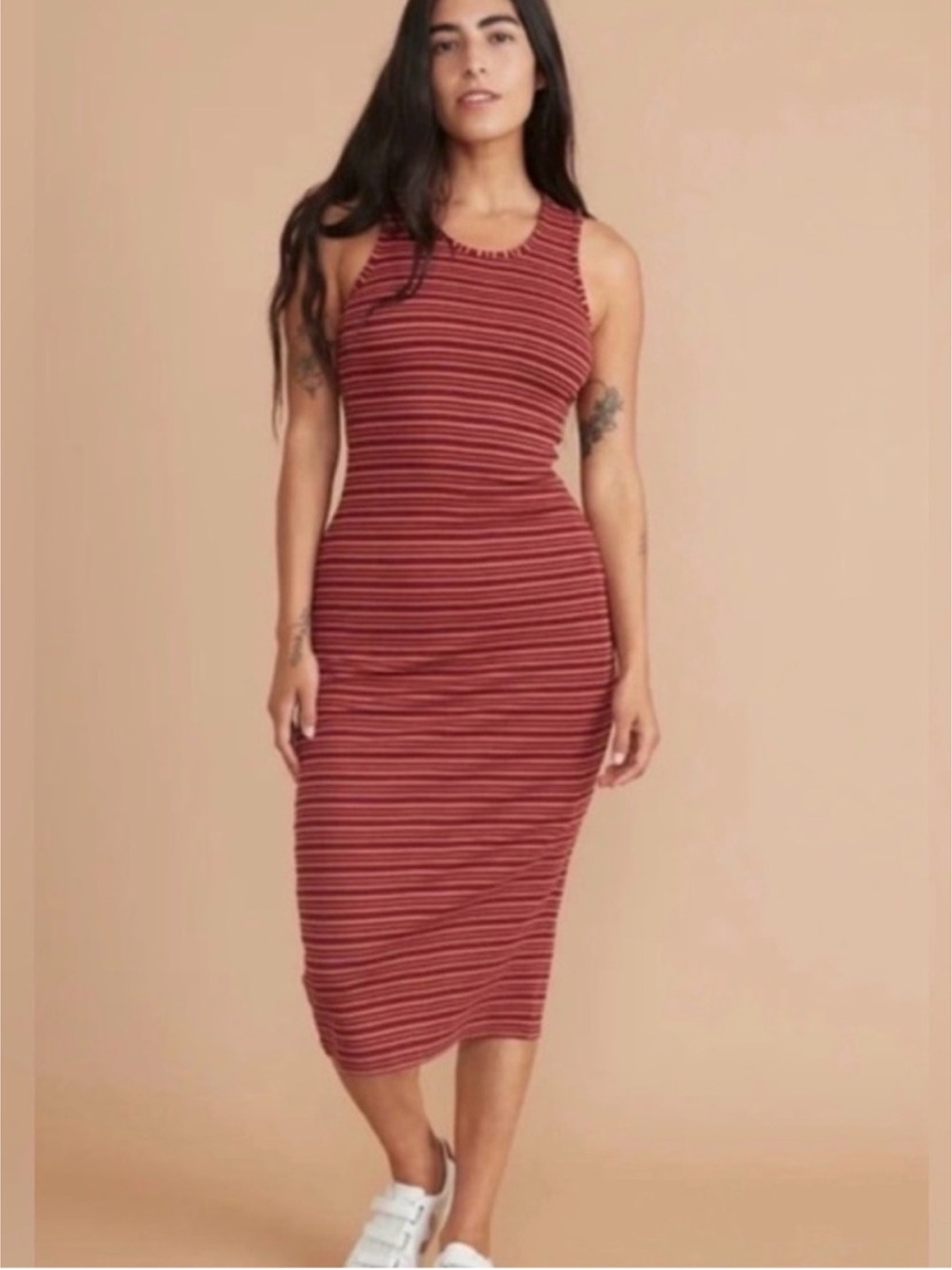 Marine Layer Sleeveless Ribbed Midi Tank Dress Dark Red Pink Striped Size XL